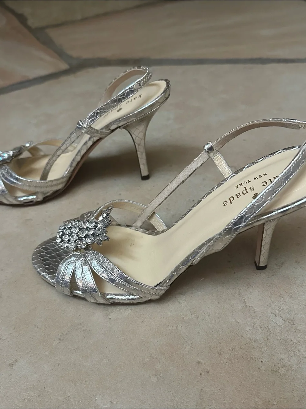 Kate Spade Gold Metallic Crystal Pineapple Slingback Heels, Size 7